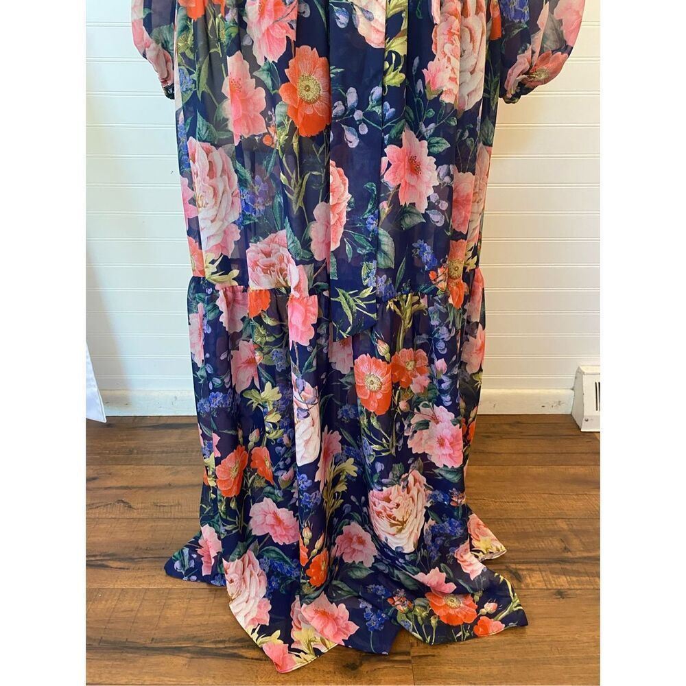 Eliza J Chiffon Chiffon Floral-Print Faux-Wrap Tiered Maxi Dress NEW Size 4 Blue - Picture 4 of 12
